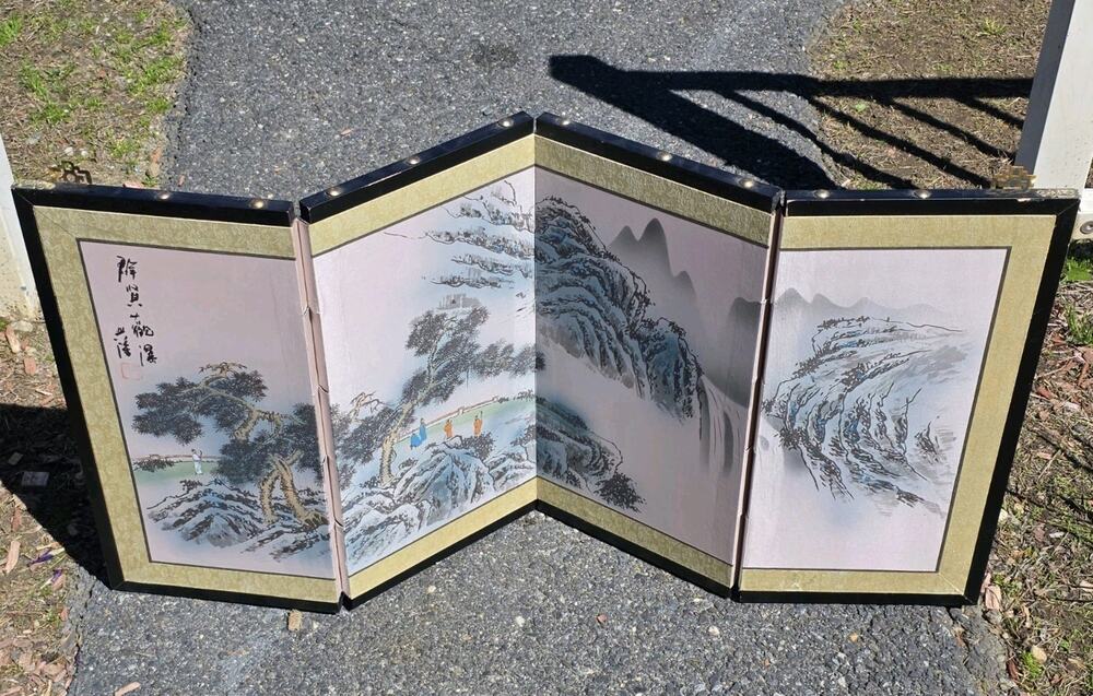 Japanese Vintage 4 Panel Folding Screen Asian Byobu Painted Chinese 33x17 Asian